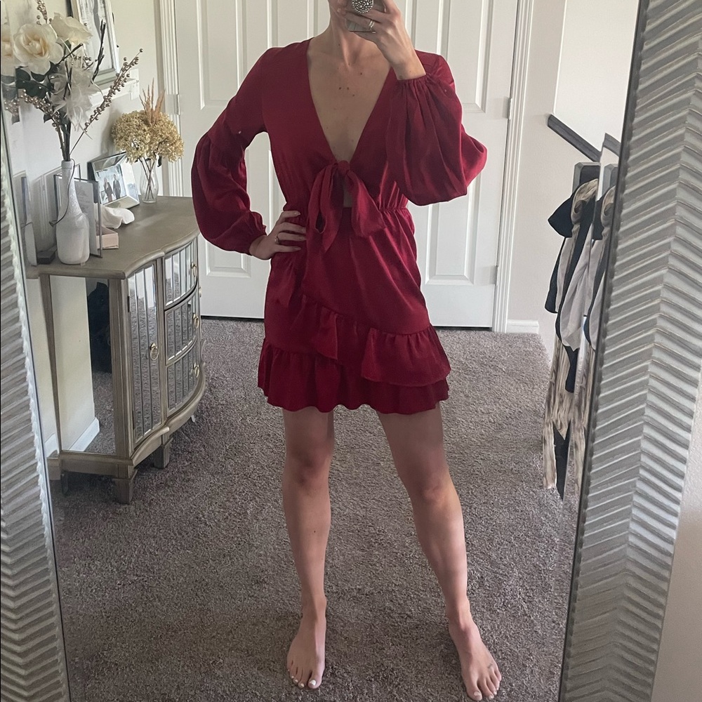 Red front tie mini dress